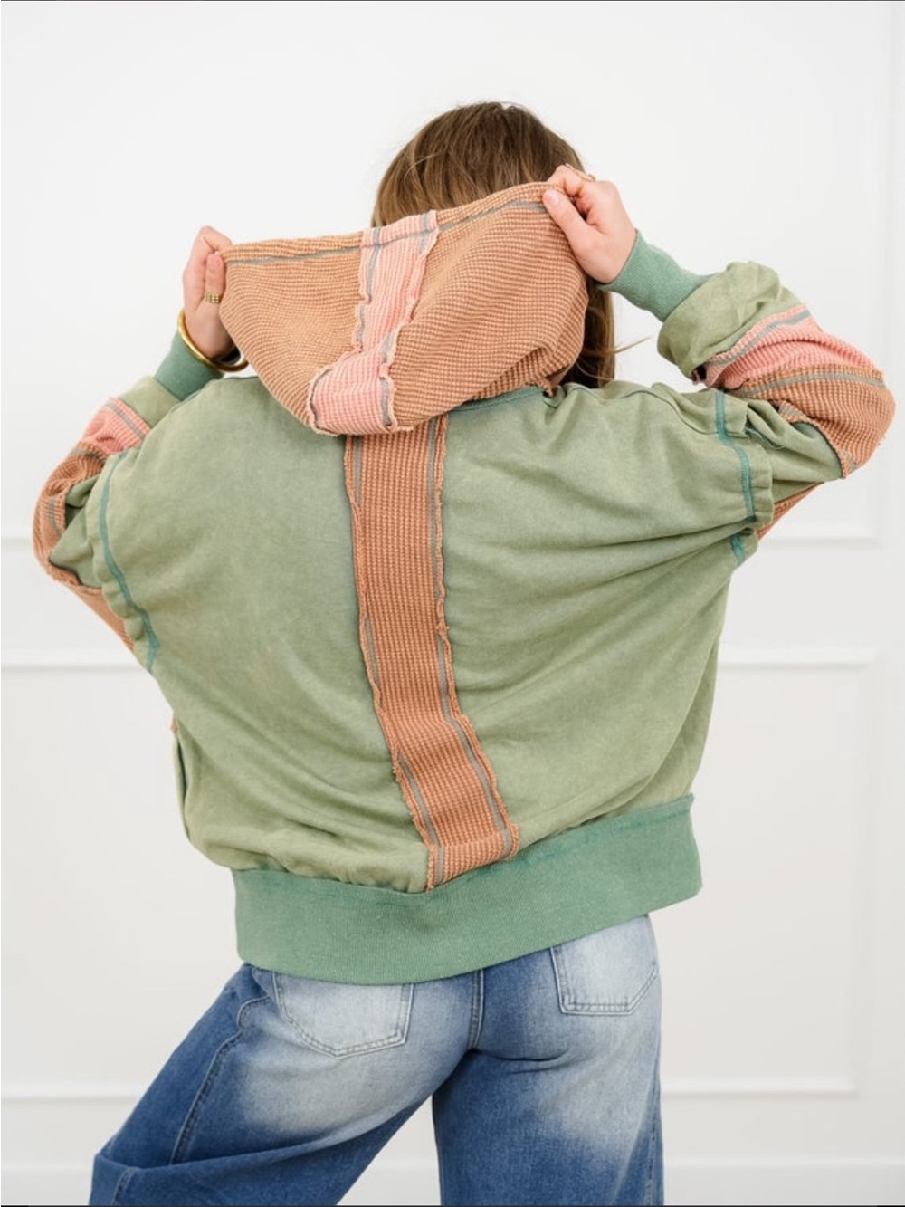 Oli & Hali Olive Green and Dusty Pink Hooded Zip-Up Bomber Jacket - Picture 6 of 8
